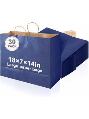 30 Pack Large Navy Blue Paper Bags with Handles - 18x14x7 Inch Gift Bags